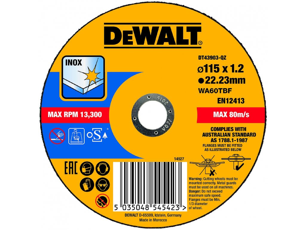 DT43903 DEWALT ŘEZNÝ KOTOUČ 115 X 22,23 X 1,2 MM NA NEREZOVOU OCEL