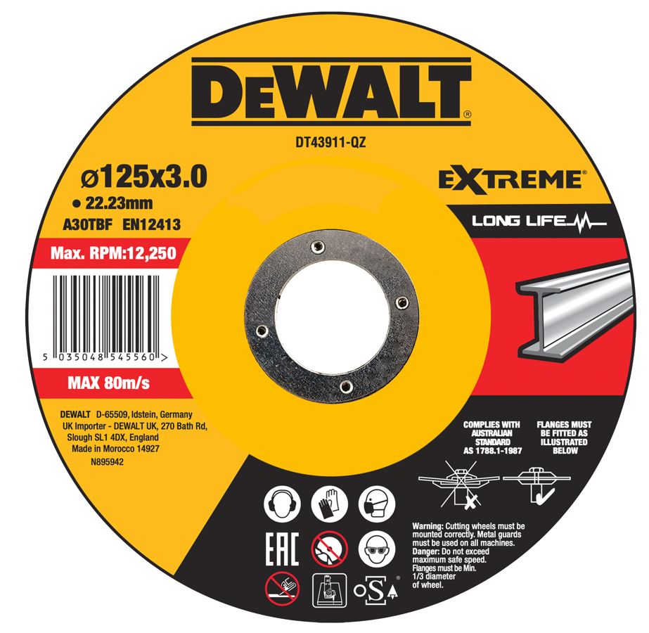 DT43911 DEWALT VYPOUKLÝ KOTOUČ 125 X 22,2 X 3,0MM NA ŘEZÁNÍ KOVU