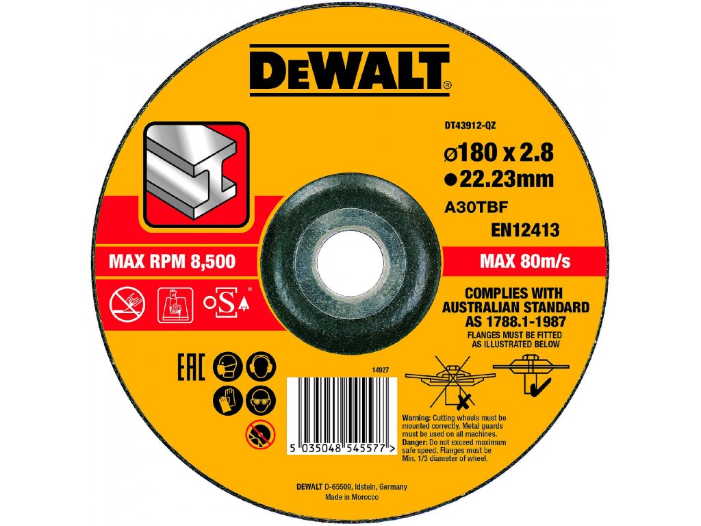 DT43912 DEWALT VYPOUKLÝ KOTOUČ 180 X 22,23 X 3,0 MM TYP 27 PRO ŘEZÁNÍ KOVU