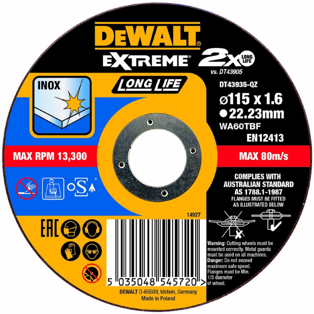 DT43935 DEWALT EXTREME KOTOUČ 115 X 22,23 X 1,6MM TYP 1 PRO ŘEZÁNÍ NEREZOVÉ OCELI