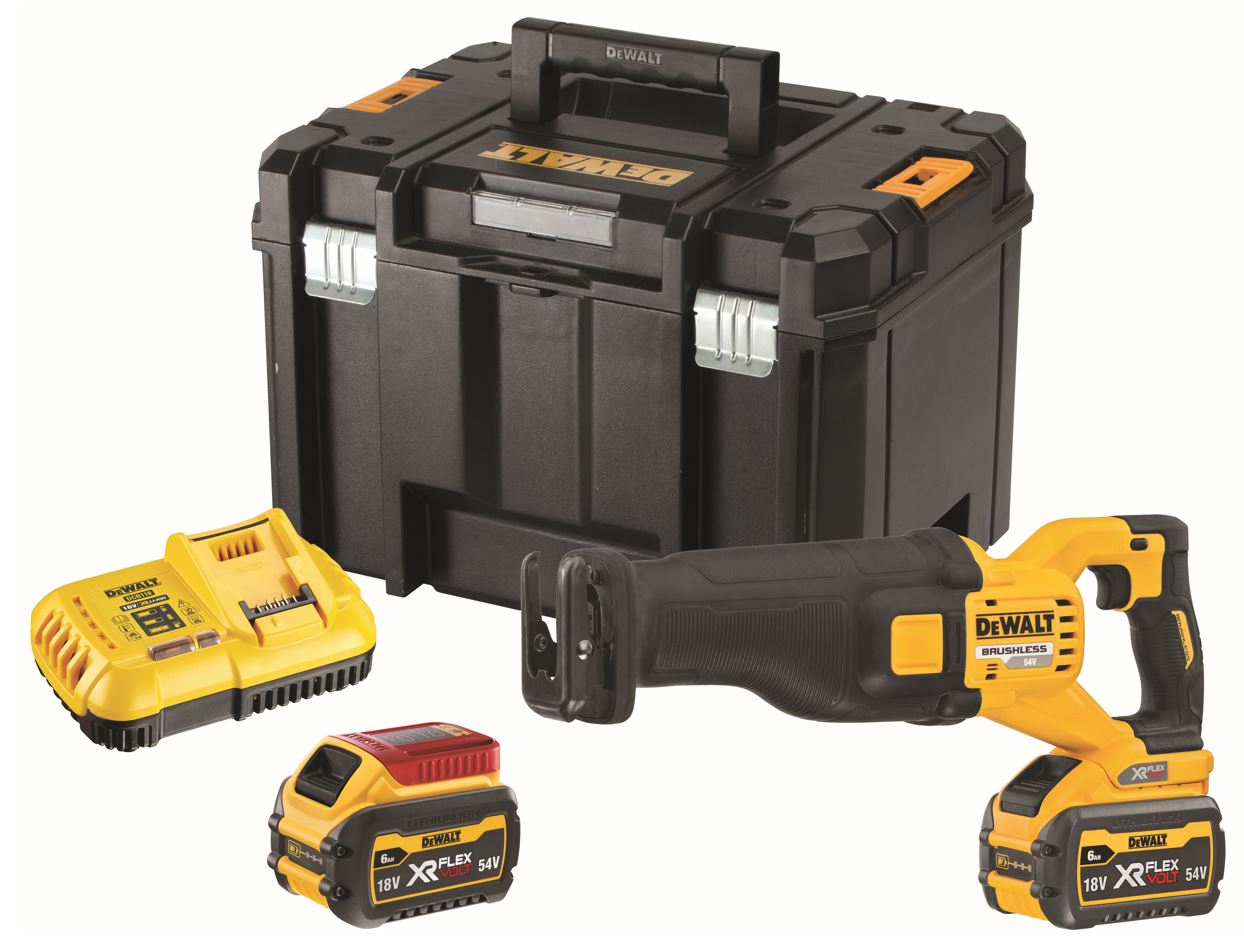 DCS389T2 DEWALT 54V XR AKU FLEXVOLT BEZUHLÍKOVÁ MEČOVÁ PILA, 2 X BATERIE 6,0 AH, NABÍJEČKA, KUFR T-STAK