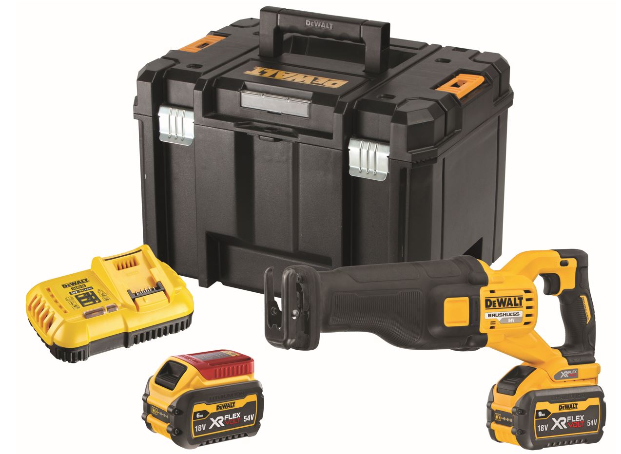 DCS389X2 DEWALT 54V XR AKU FLEXVOLT BEZUHLÍKOVÁ MEČOVÁ PILA, 2 X BATERIE 9,0 AH, NABÍJEČKA, KUFR T-STAK