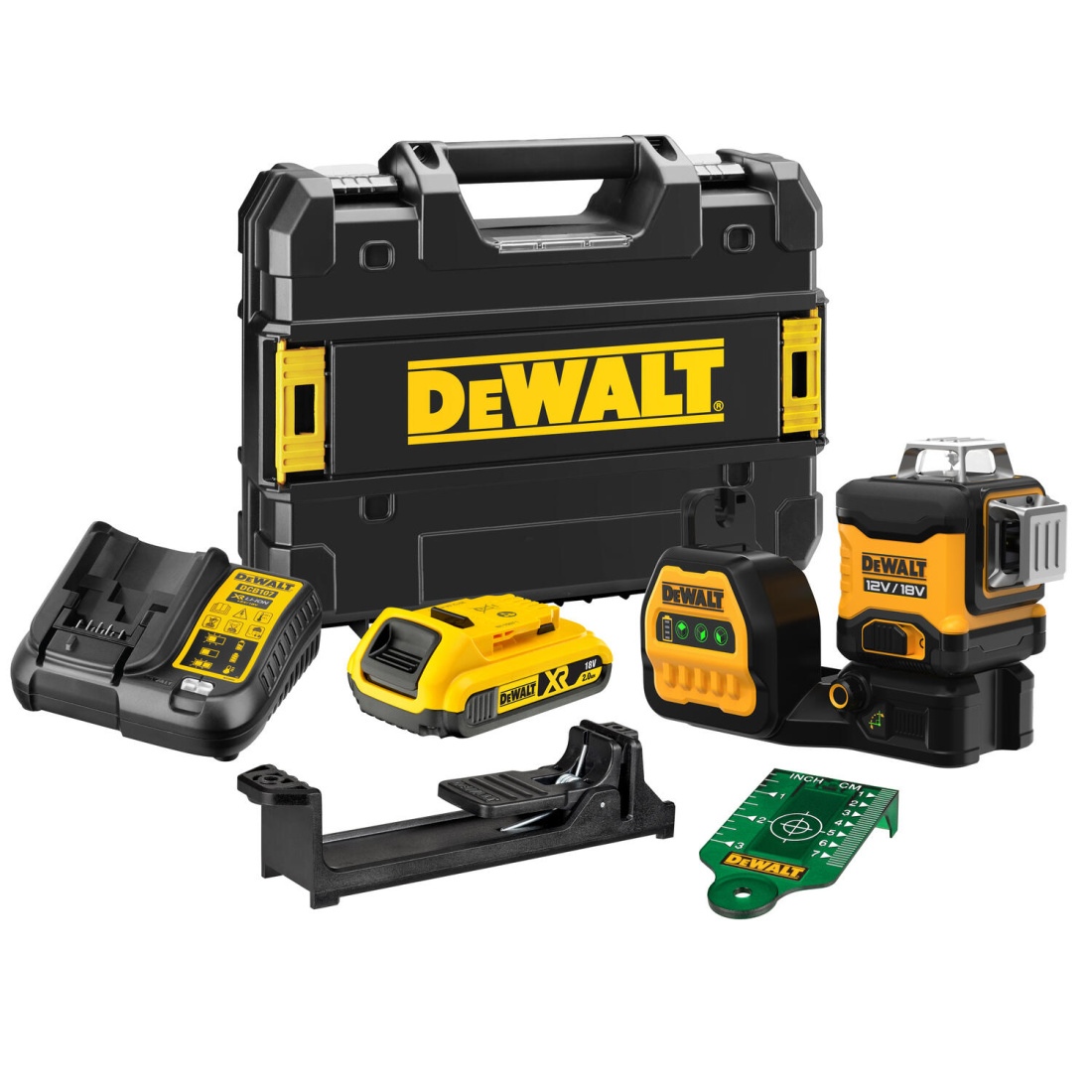 DCE089D1G18 DeWALT 12V/18V AKU KŘÍŽOVÝ, 3X ZELENÝ PAPRSEK 360°, 1 X 18V 2,0AH AKU XR LI-ION