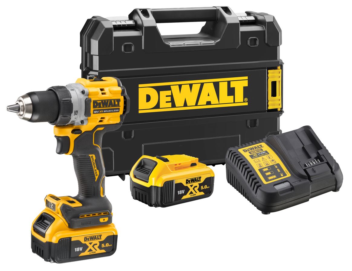 DCD800P2T DeWALT 18V AKU BEZUHLÍKOVÁ VRTAČKA/ŠROUBOVÁK , 2X 5,0AH AKU XR LI-ION, NABÍJEČKA, KUFR T-STAK
