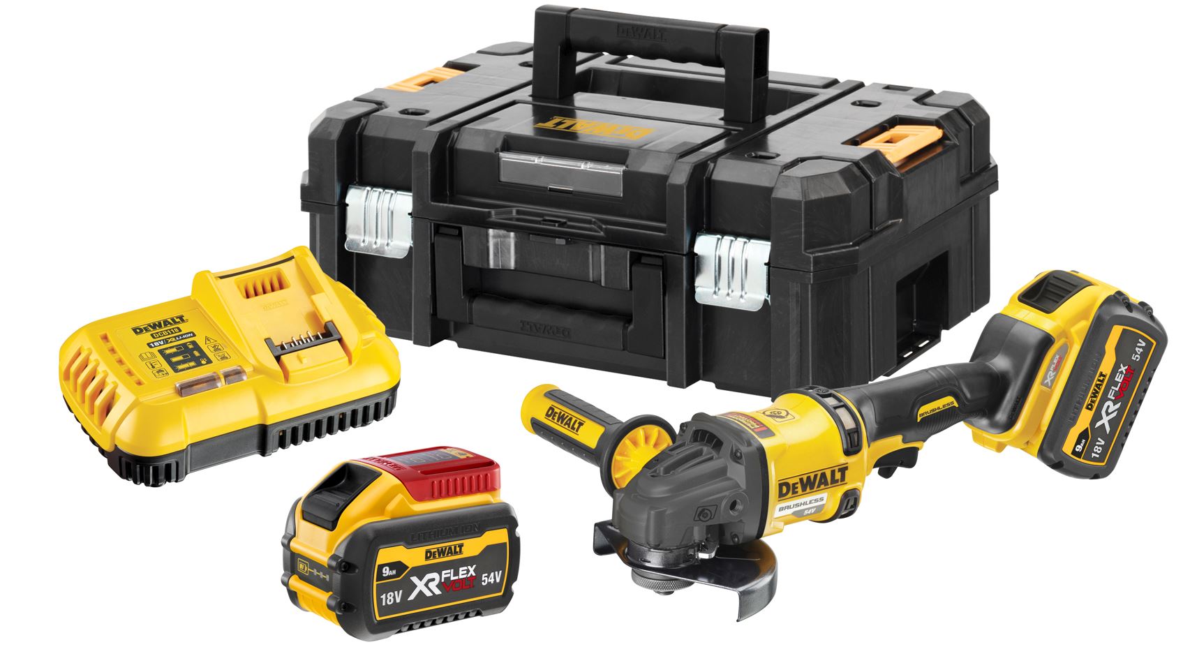 DCG418X2 DeWALT 54 V XR AKU ÚHLOVÁ BRUSKA 125MM, 2300W, 2x 9,0AH AKU XR FLEXVOLT Li-ION 54/18VOLT, KUFR T-STAK