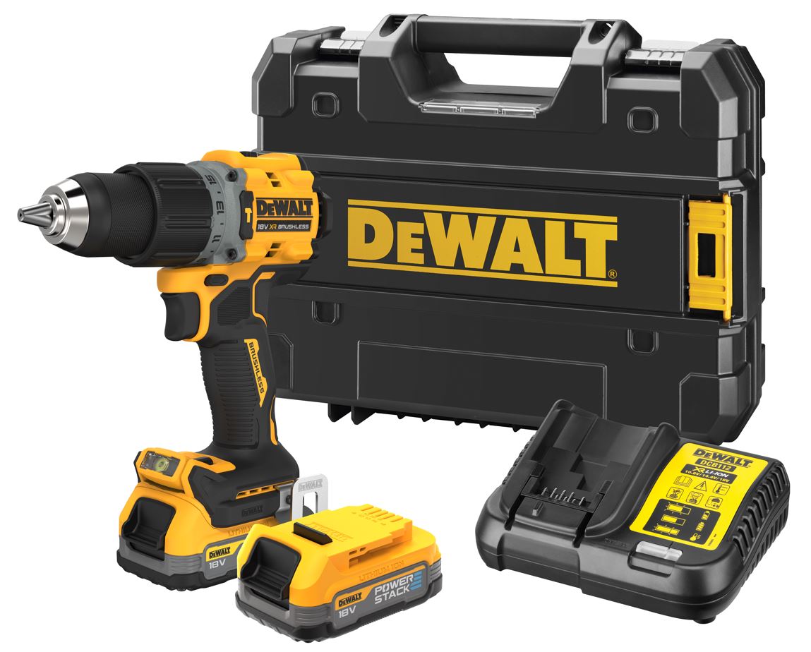 DCD805E2T DEWALT 18V XR AKU BEZUHLÍKOVÁ PŘÍKLEPOVÁ VRTAČKA, 2 X 1,7 AH BATERIE POWERSTACK, NABÍJEČKA, KUFR T-STAK