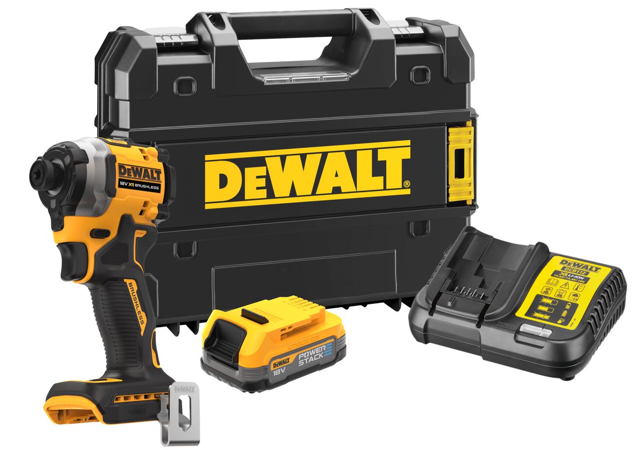 DCF850E1T DEWALT 18V AKU BEZUHLÍKOVÝ RÁZOVÝ UTAHOVÁK 1/4", 1 X BATERIE 1,7 AH POWERSTACK, NABÍJEČKA, KUFR T-STAK