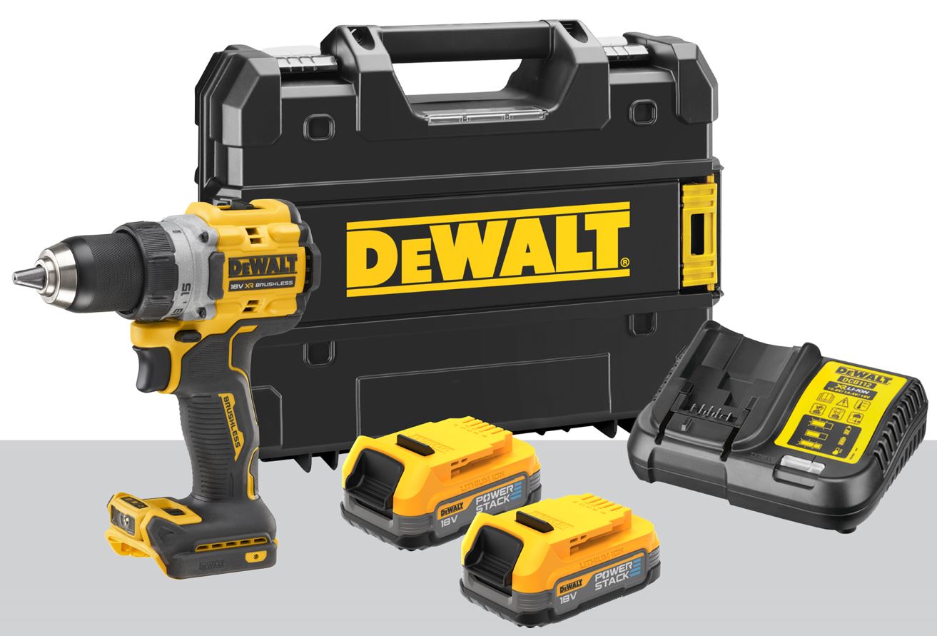 DCD800E2T DeWALT 18V AKU BEZUHLÍKOVÁ VRTAČKA/ŠROUBOVÁK , 2 X 1,7 AH BATERIE POWERSTACK, NABÍJEČKA, KUFR T-STAK