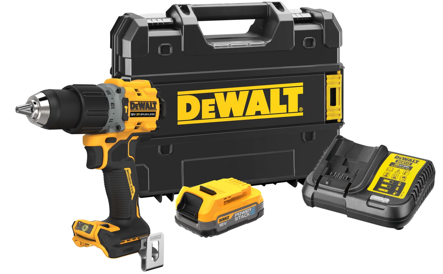 DCD805E1T DEWALT 18V XR AKU BEZUHLÍKOVÁ PŘÍKLEPOVÁ VRTAČKA, 1 X 1,7 AH BATERIE POWERSTACK, NABÍJEČKA, KUFR T-STAK