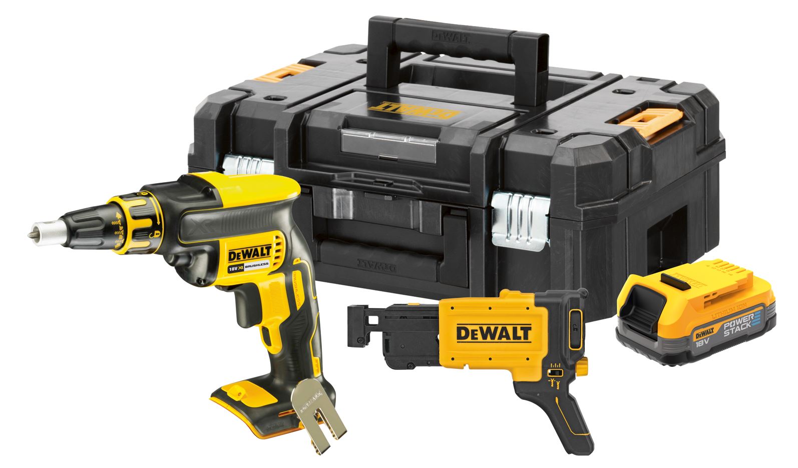 DCF620E1K DEWALT 18V AKU SÁDROKARTONÁŘSKÝ ŠROUBOVÁK S PODAVAČEM VRUTŮ, 1 X 1,7 AH BATERIE POWERSTACK, BEZ NABÍJEČKY, KUFR T-STAK