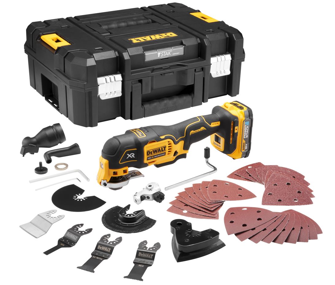 DCS356E1T DEWALT 18V AKU BEZUHLÍKOVÁ OSCILAČNÍ MULTIBRUSKA S PŘÍSLUŠENSTVÍM, 1 X 1,7 AH BATERIE POWERSTACK, BEZ NABÍJEČKY, KUFR T-STAK