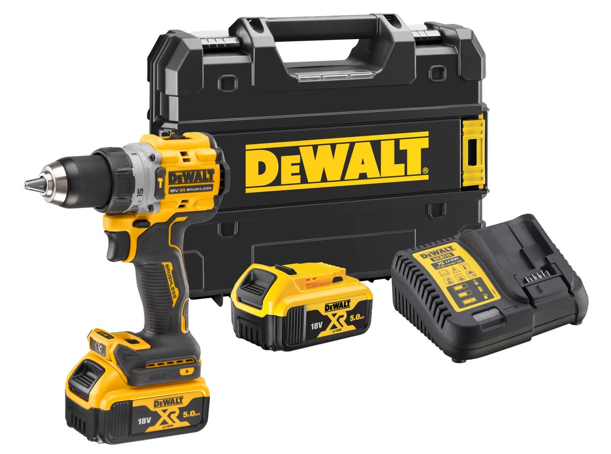 DCD805P2T DEWALT 18V XR AKU BEZUHLÍKOVÁ PŘÍKLEPOVÁ VRTAČKA, 2 X 5,0 AH BATERIE, NABÍJEČKA, KUFR T-STAK