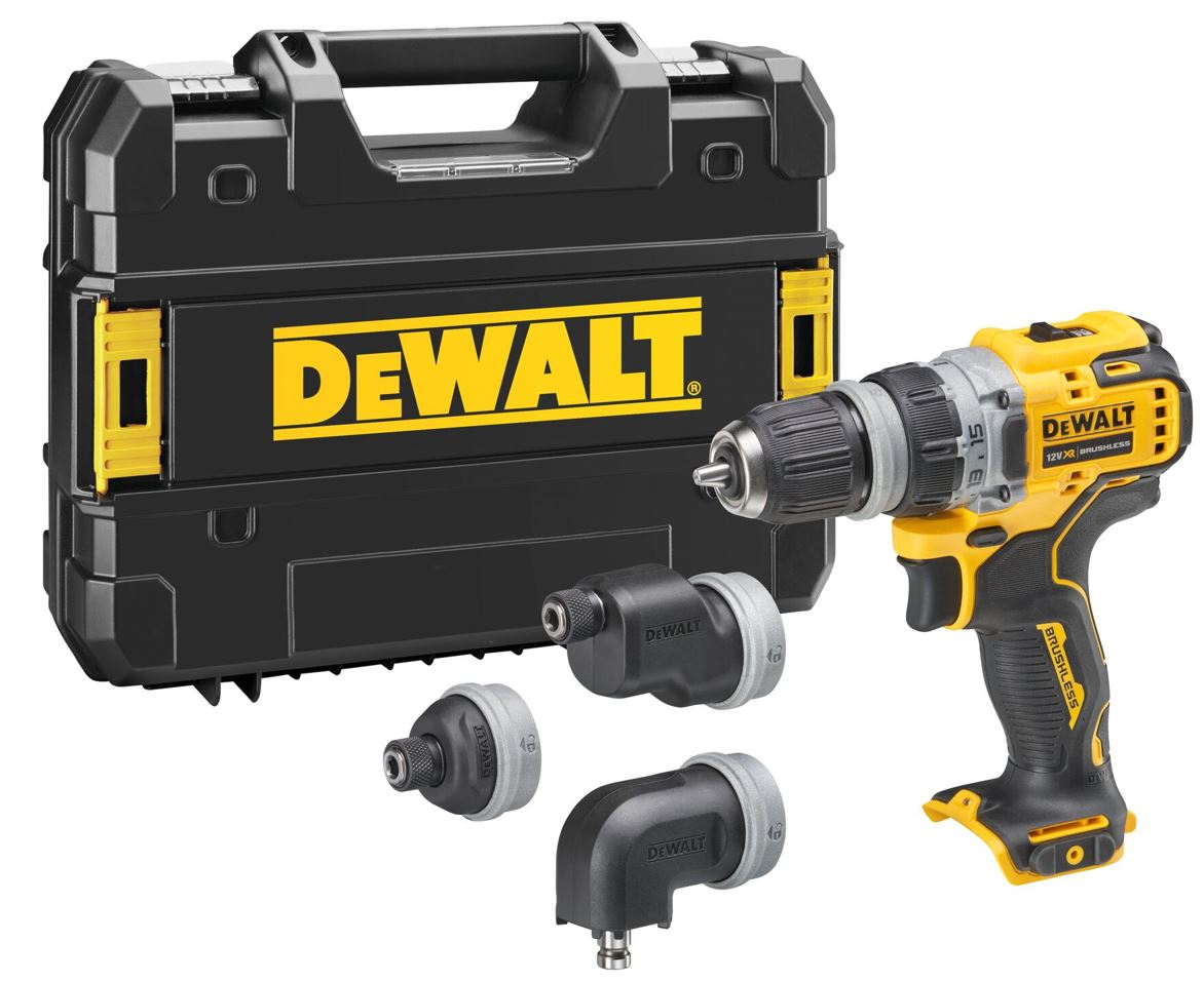 DCD703NT DEWALT 12V AKU BEZUHLÍKOVÁ VRTAČKA S VÝMĚNNÝMI HLAVAMI, BEZ BATERIE A NABÍJEČKY, KUFR T-STAK