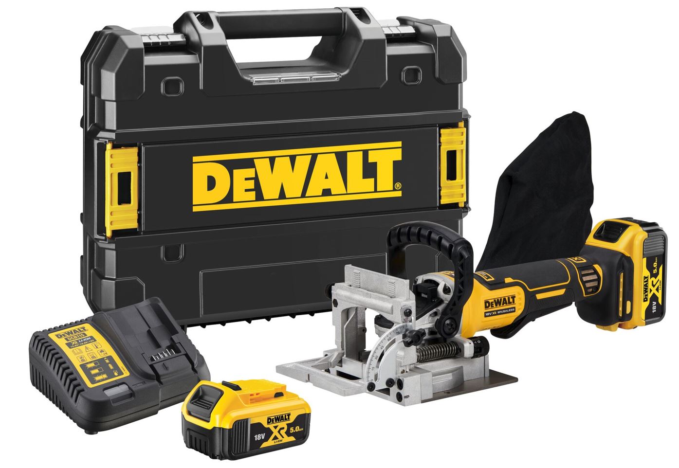 DCW682P2 DEWALT XR 18V AKU BEZUHLÍKOVÁ LAMELOVACÍ FRÉZKA, 2 X 5,0 AH, NABÍJEČKA, KUFR T-STAK