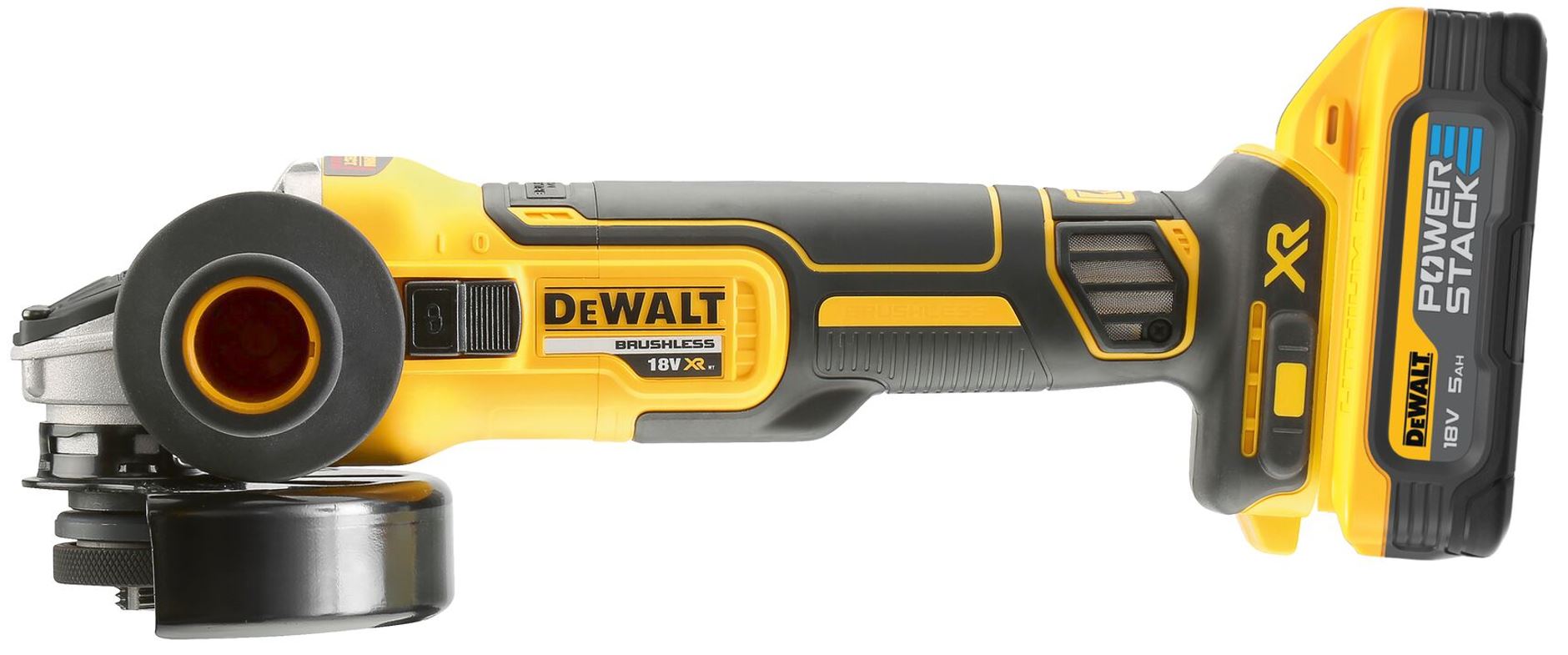 DCG405H2T DEWALT 18 VOLT AKU BEZUHLÍKOVÁ 125MM ÚHLOVÁ BRUSKA, 2 X BATERIE POWERSTACK 5,0 AH, NABÍJEČKA, V KUFRU T-STAK