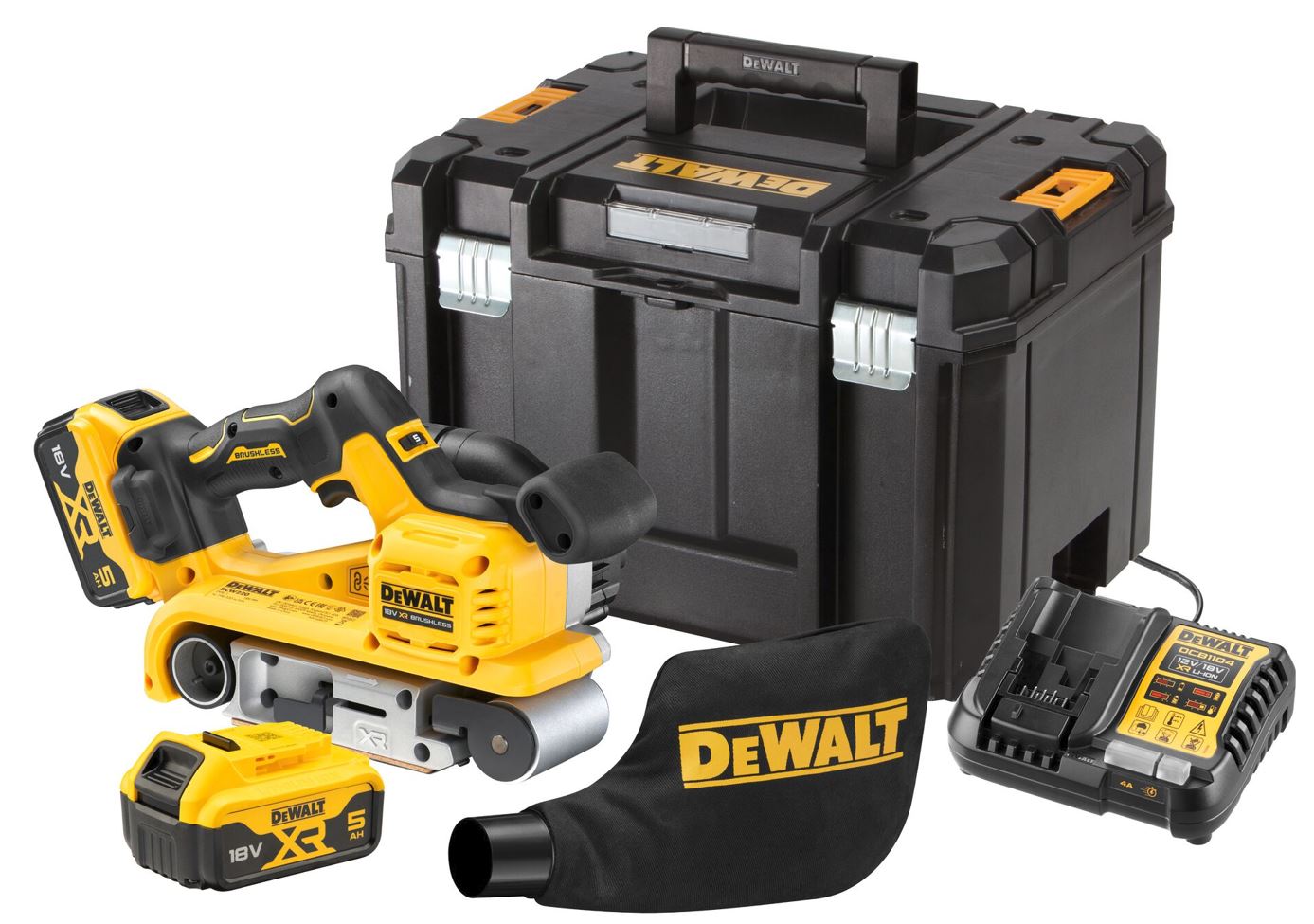 DCW220P2 DEWALT 18V AKU BEZUHLÍKOVÁ PÁSOVÁ BRUSKA, 2 X 5,0 AH, NABÍJEČKA, KUFR T-STAK