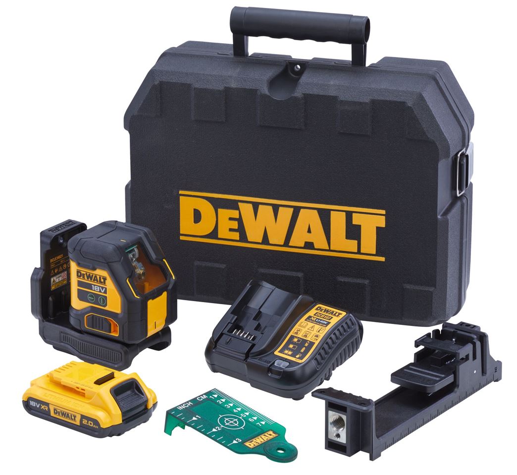 DCLE34021D1 DEWALT 18V ZELENÝ KŘÍŽOVÝ LASER, 1 X 2,0 AH BATERIE, NABÍJEČKA, KUFR