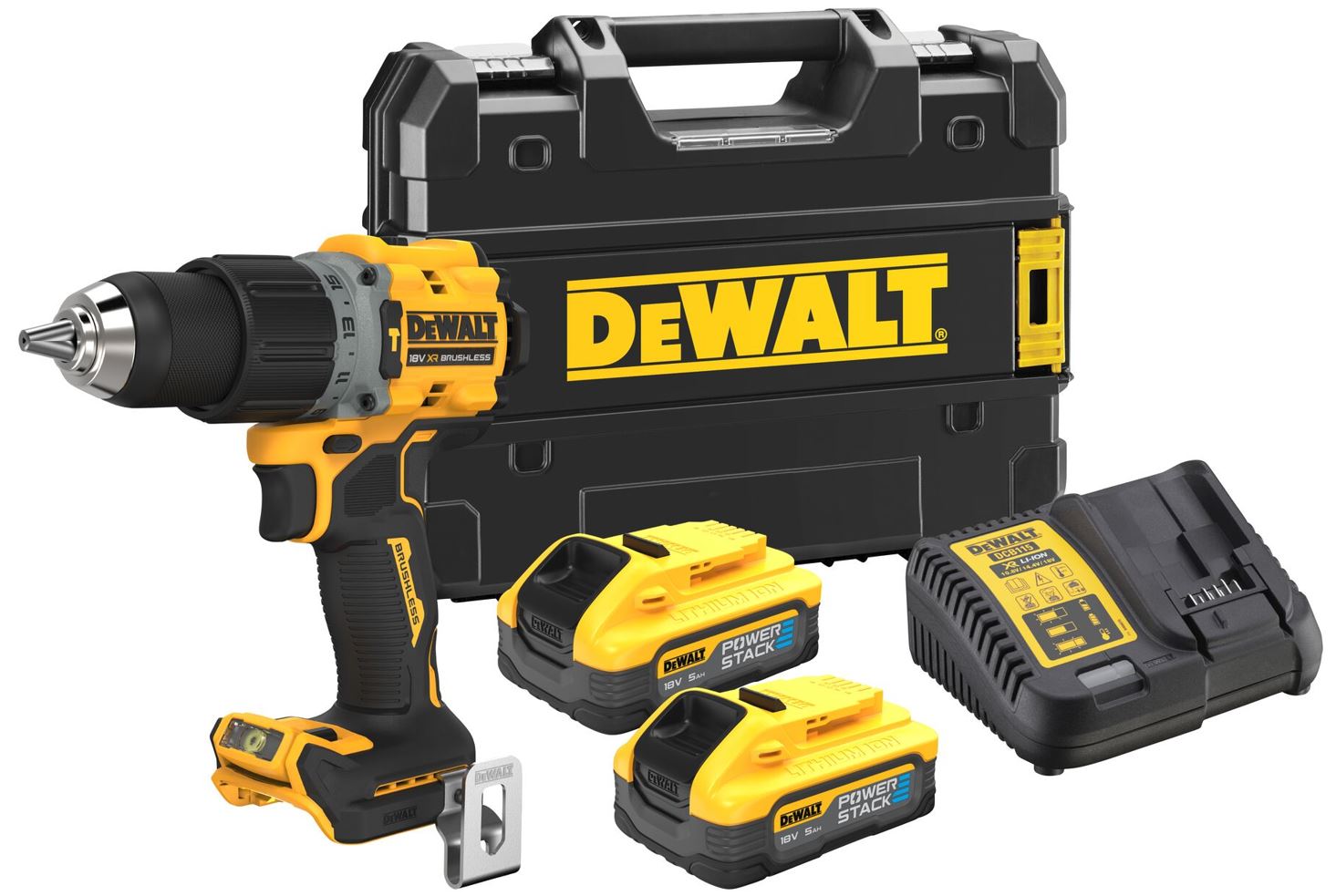 DCD805H2T DEWALT 18V XR AKU BEZUHLÍKOVÁ PŘÍKLEPOVÁ VRTAČKA, 2 X POWERSTACK BATERIE 5,0 AH, NABÍJEČKA, KUFR