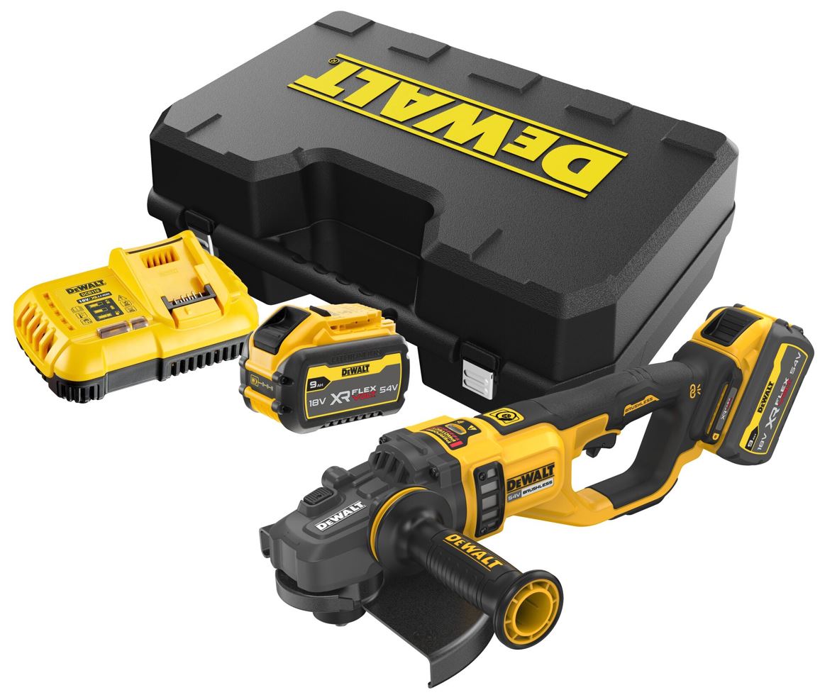 DCG460X2 DEWALT AKU 54V ÚHLOVÁ BEZUHLÍKOVÁ BRUSKA FLEXVOLT 230MM,n2 X 9,0 AH BATERIE, NABÍJEČKA, KUFR