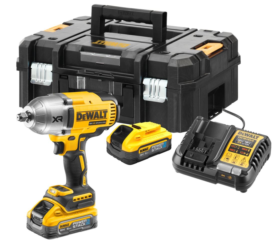 DCF900H2T DEWALT AKU 18V BEZUHLÍKOVÝ RÁZOVÝ UTAHOVÁK 1/2, 2 X POWERSTACK 5,0 AH BATERIE, NABÍJEČKA, KUFR T-STAK