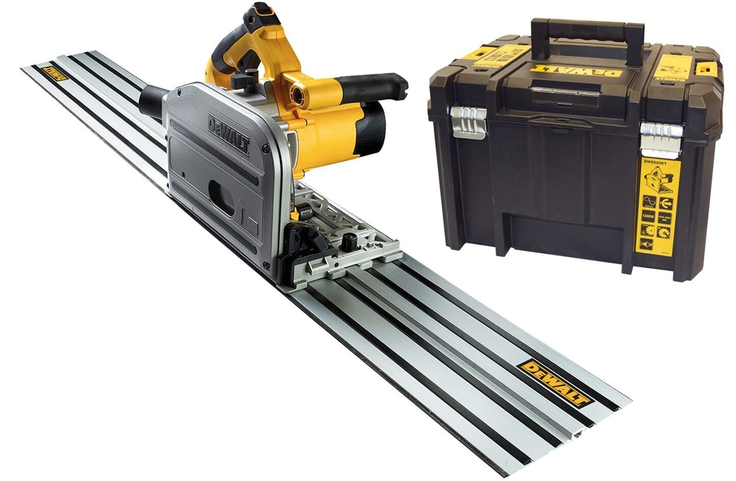DWS520KTR DEWALT PONORNÁ ELEKTRICKÁ PILA 1300 W, V KUFRU T-STAK + VODÍCÍ 1,5 M LIŠTA