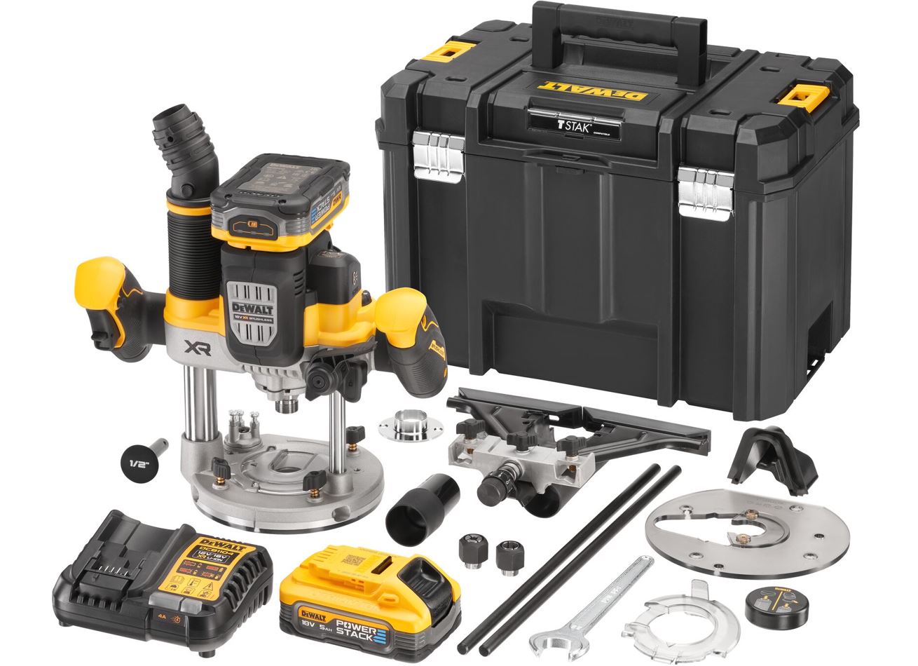 DCW620H2 DEWALT 18V AKU BEZUHLÍKOVÁ HORNÍ FRÉZKA 12 MM, 2 X 5,0 POWERSTACK BATERIE, NABÍJEČKA, KUFR T-STAK