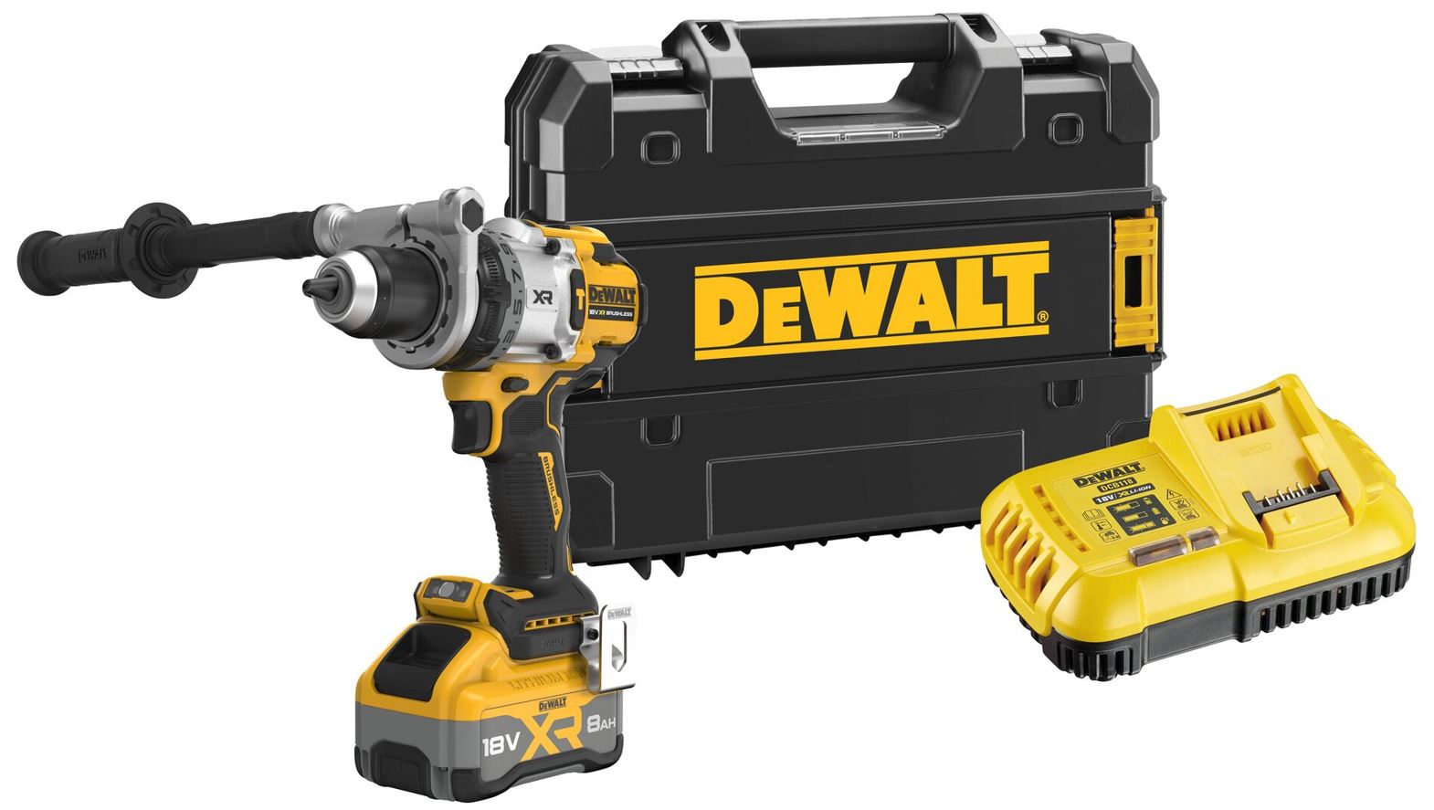 DCD1007WW1T DEWALT AKU 18V BEZUHLÍKOVÁ VRTAČKA S PŘÍKLEPEM, 1 X 8,0 AH BATERIE, NABÍJEČKA, KUFR T-STAK