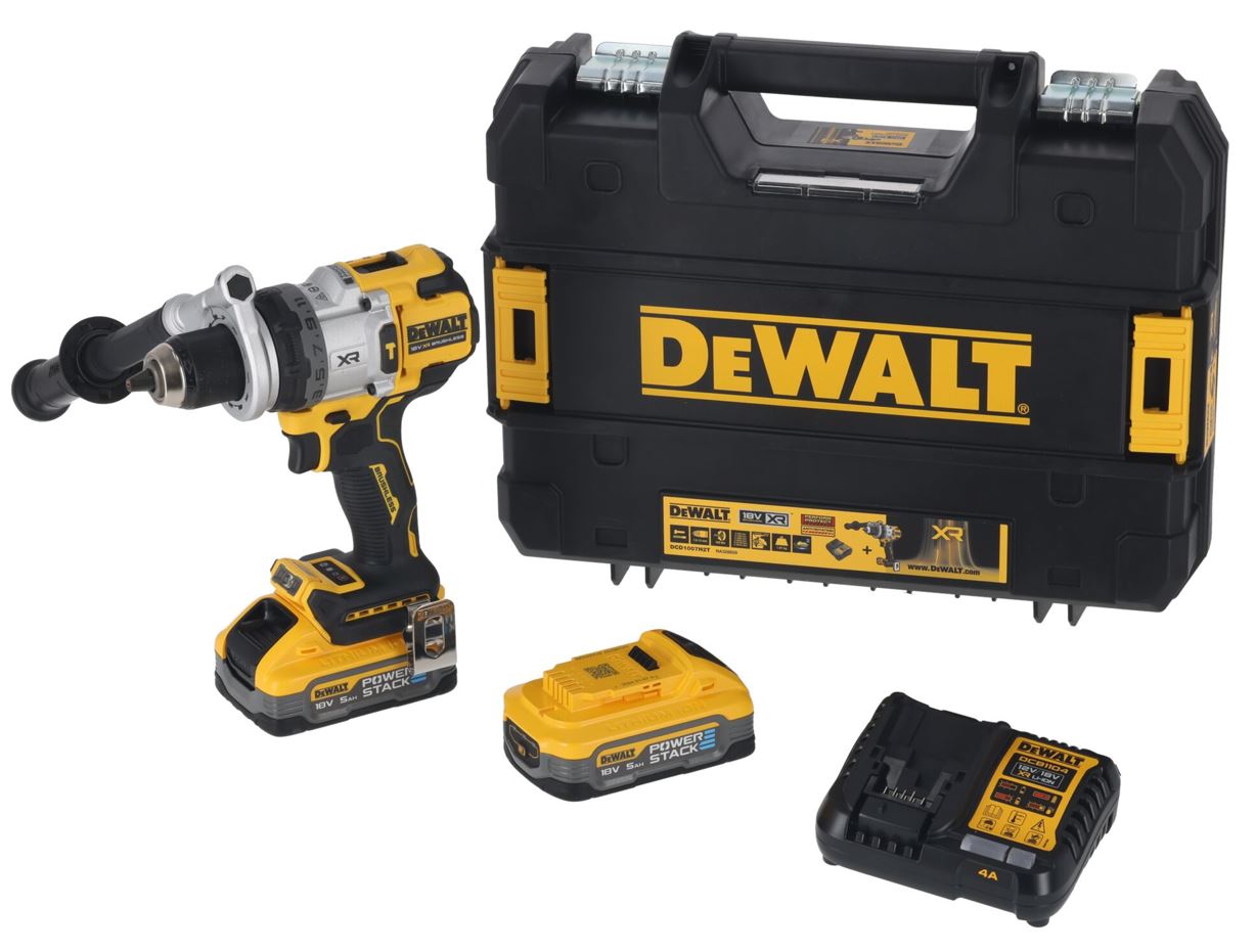 DCD1007H2T DEWALT AKU 18V BEZUHLÍKOVÁ VRTAČKA S PŘÍKLEPEM, 2 X 5,0 AH POWERSTACK BATERIE, NABÍJEČKA, KUFR T-STAK