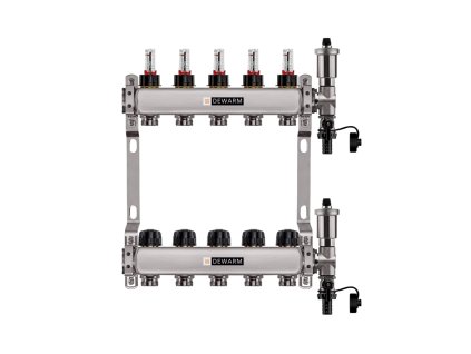Rozdělovač podlahového vytápění Dewarm – 12 okruhů, nerez, automatické odvzdušnění.