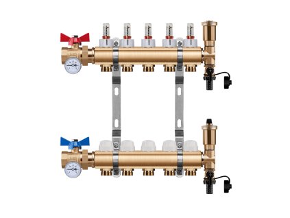 Rozdělovač podlahového vytápění Dewarm – 6 okruhů, mosaz, automatické odvzdušnění + kulové ventily a teploměry.