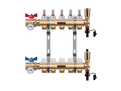Rozdělovač podlahového vytápění Dewarm – 9 okruhů, mosaz, automatické odvzdušnění + kulové ventily a teploměry.