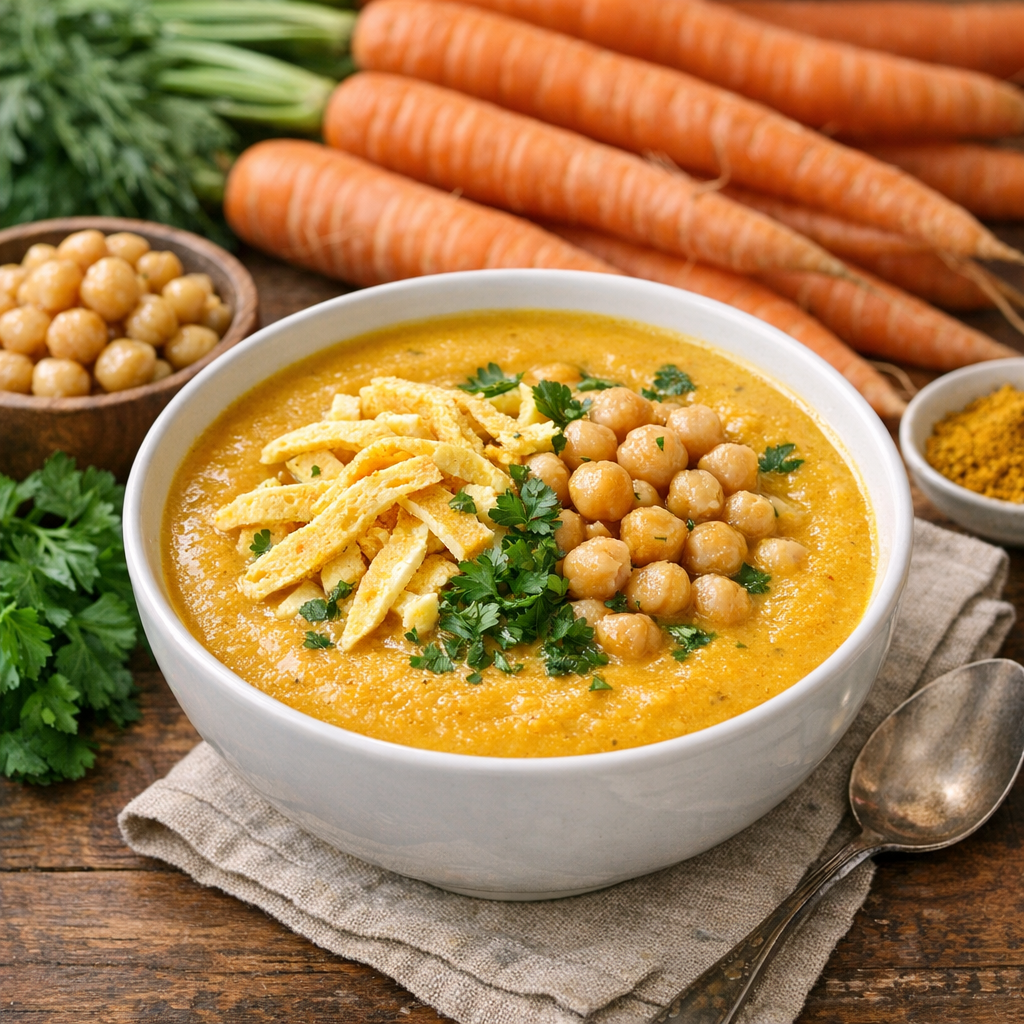 🥕 Mrkvovo-celerový krém se zázvorem, nudlemi z vaječné omelety a cizrnou