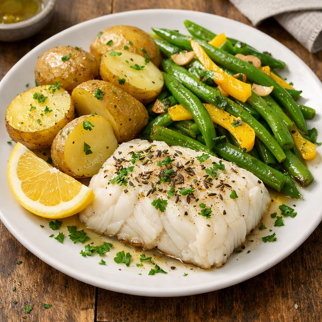 🐟 Treska na kmínu s bramborem a fazolovými lusky