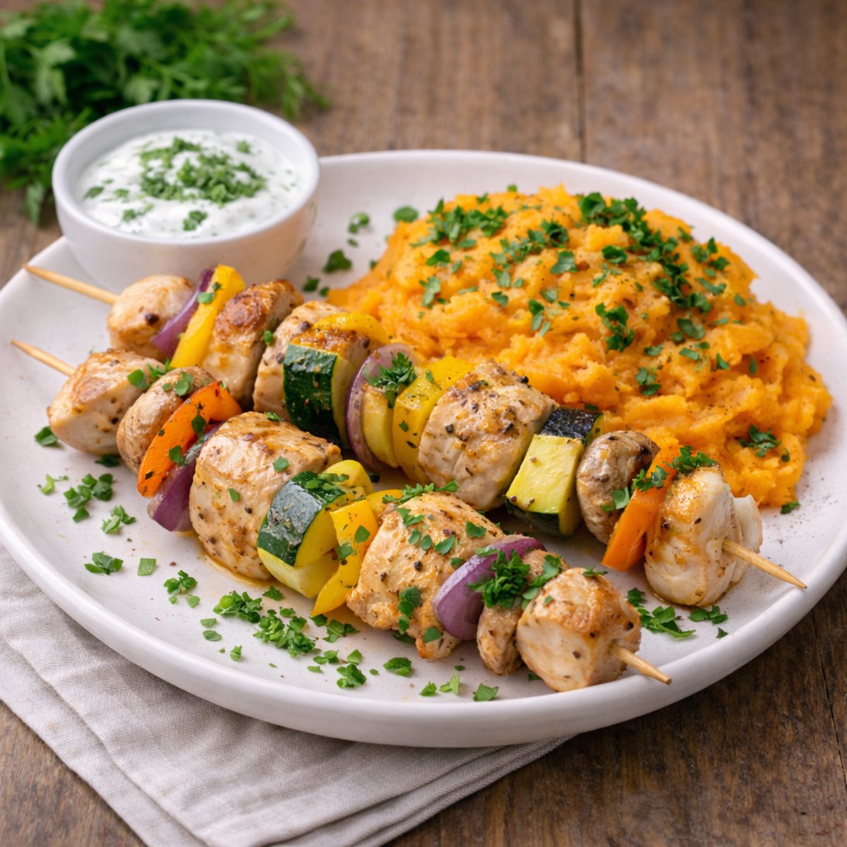🍢 Kuřecí špíz se zeleninou a batátovou kaší
