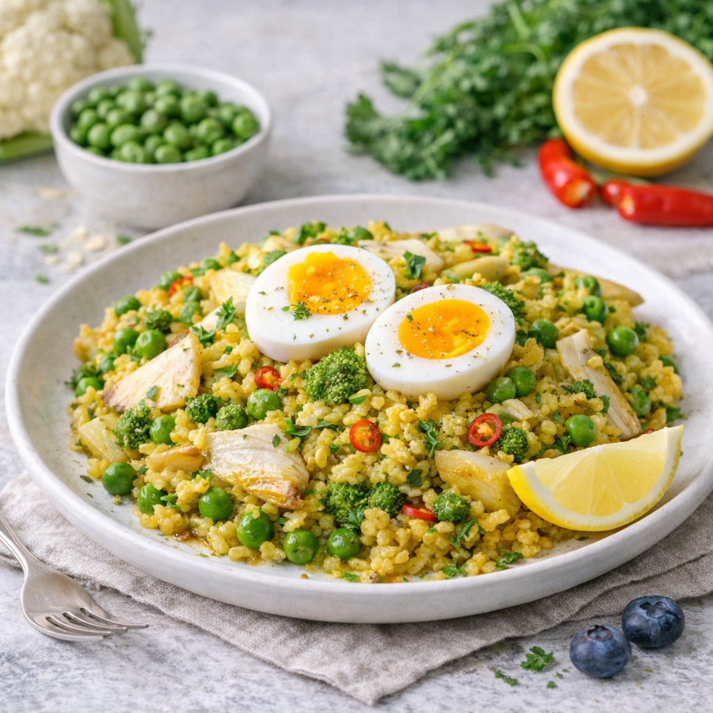 🥦 Květákové „kedgeree“ s rybou a vejcem
