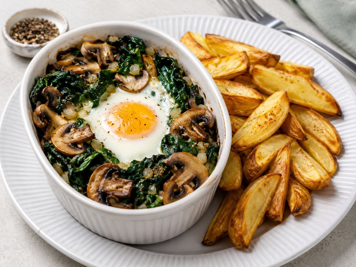 🍳 Zapečená vejce se špenátem, žampiony a domácími hranolkami