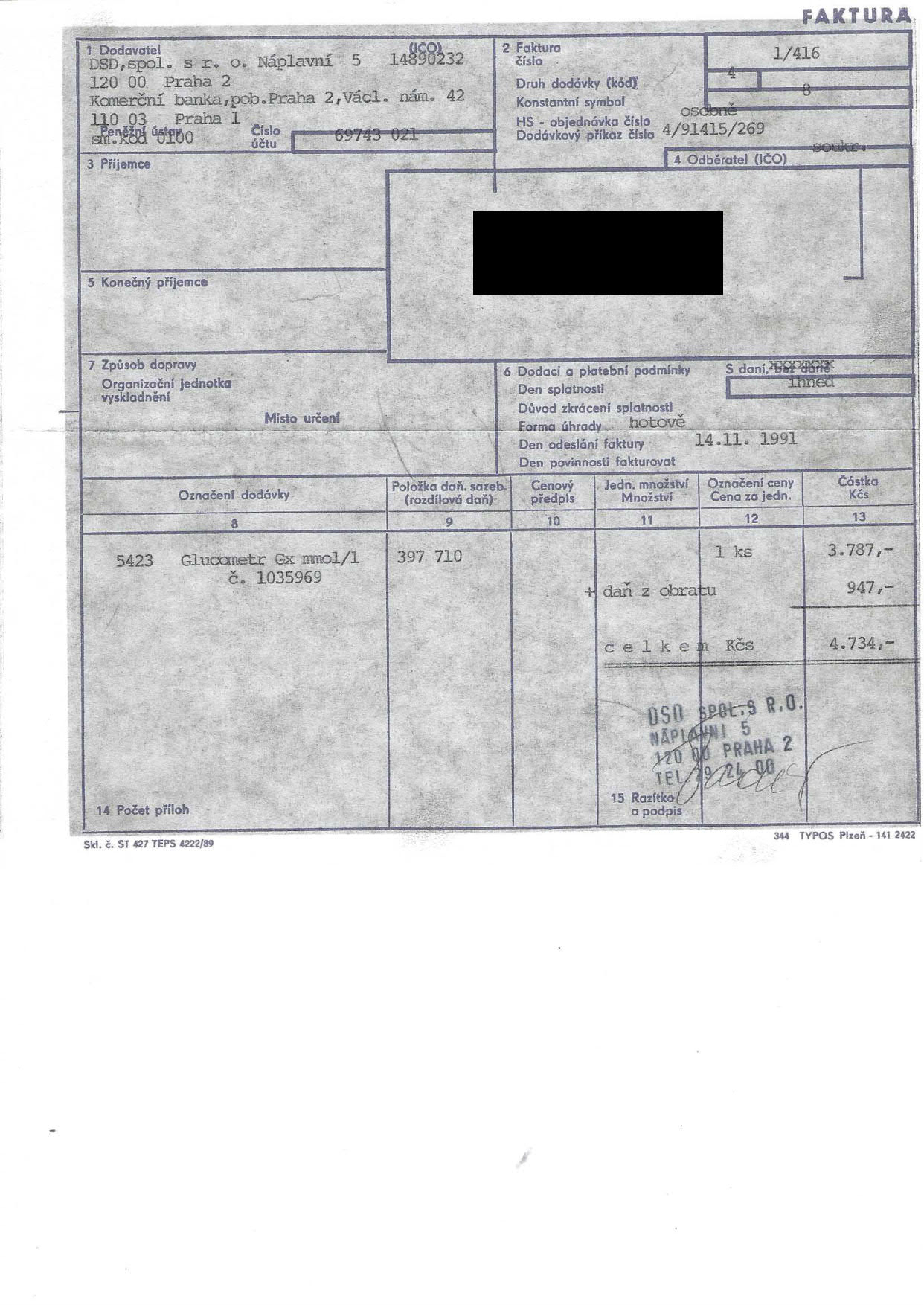Anonymizovaná faktura za Glucometer GX z listopadu 1991.