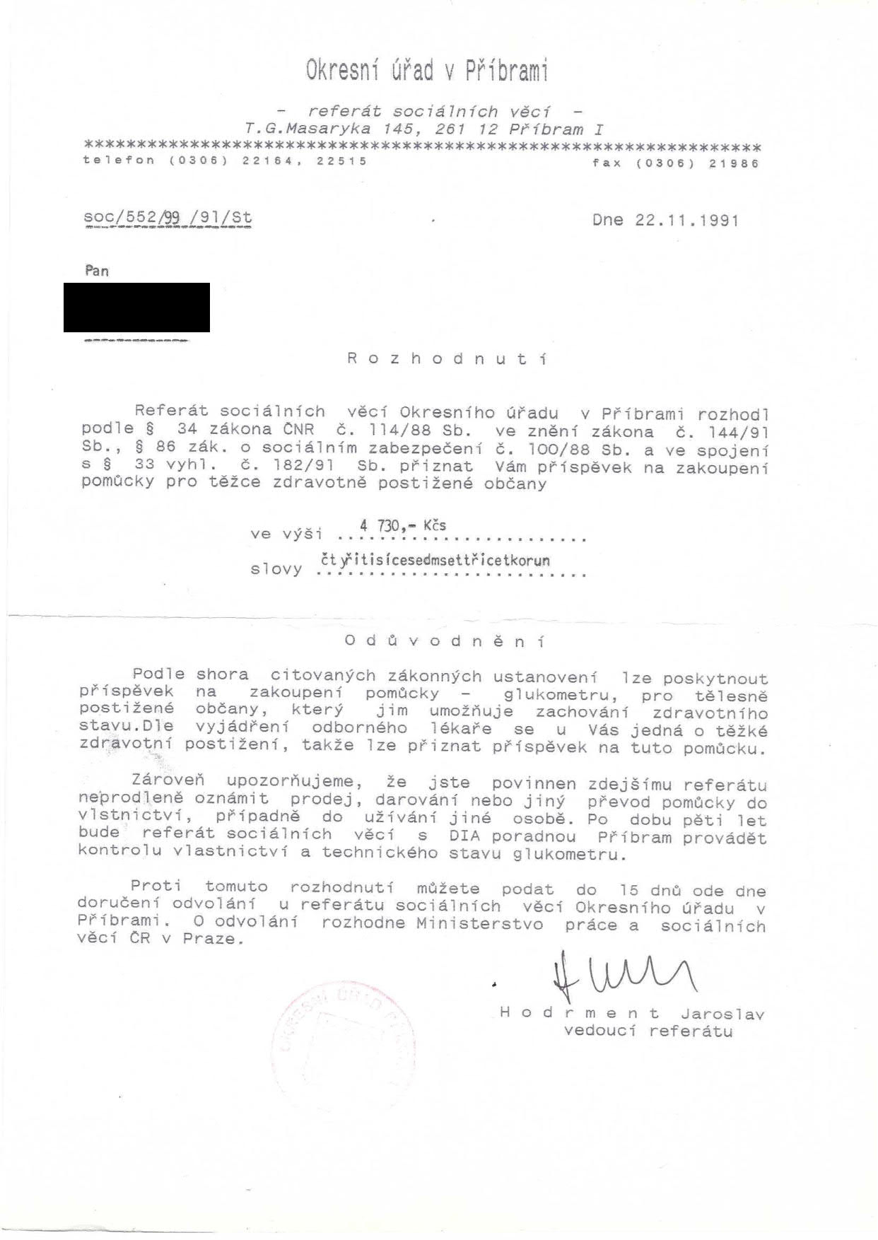 Anonymizované rozhodnutí okresního úřadu o příspěvku na glukometr.