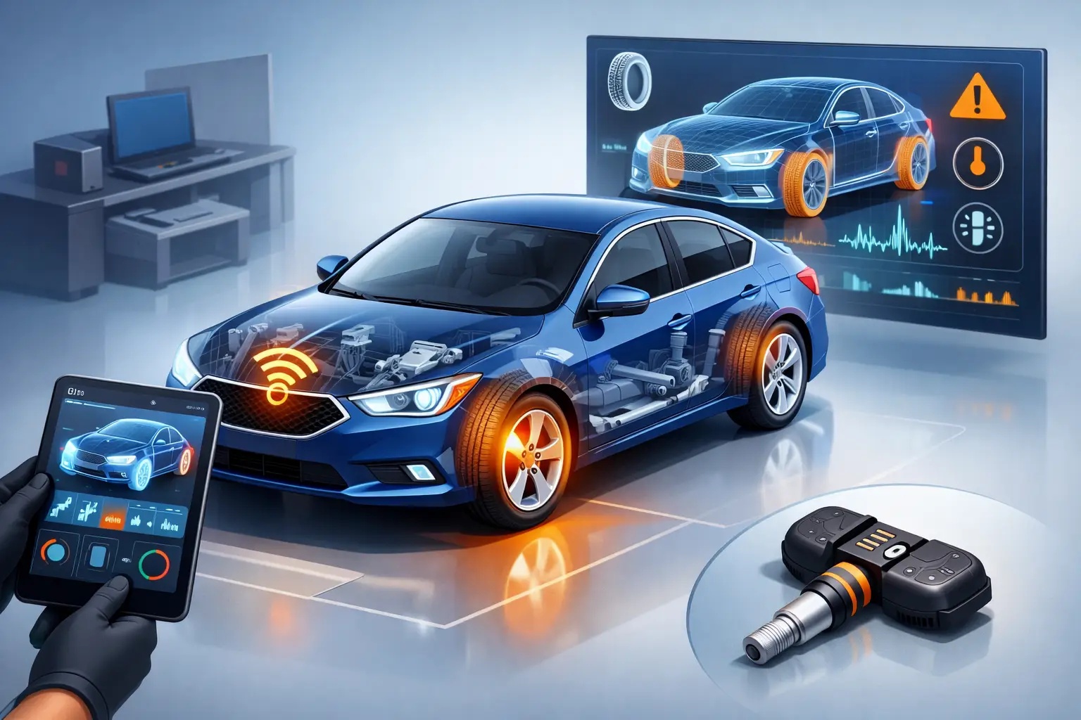 TPMS diagnostika auta: chyba senzoru tlaku, relearn a programování ventilků
