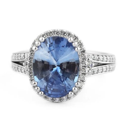 Unikátní prsten s diamanty a safírem z bílého zlata, vel. 56,5