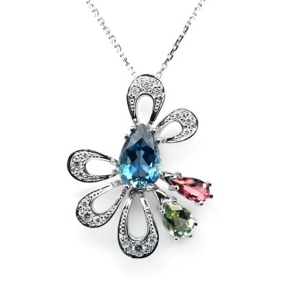 Náhrdelník s akvamarínem, turmalíny a diamanty z bílého zlata