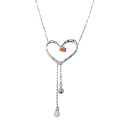 Náhrdelník ve tvaru srdce s oranžovým safírem a sladkovodní perlou z bílého zlata