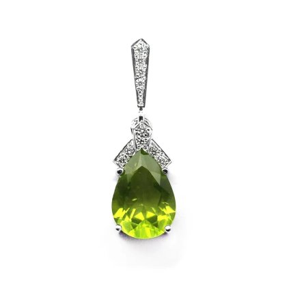 Přívěsek ve tvaru kapky s olivínem a diamanty z bílého zlata