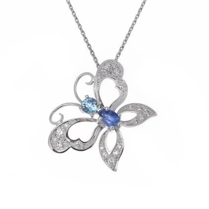 Přívěsek motýl se safírem, akvamarínem a diamanty z bílého zlata
