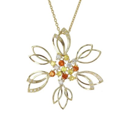 Přívěsek s granáty, žlutým safírem a diamanty ze žlutého zlata