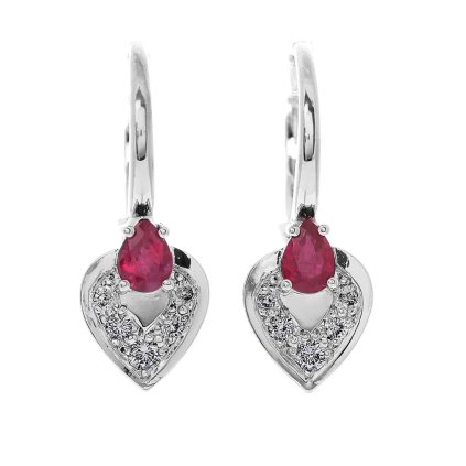 Náušnice ve tvaru srdce z bílého zlata s rubíny a diamanty