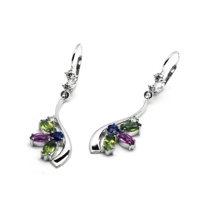 Ručně vyrobené náušnice s turmalíny, ametysty a diamanty z bílého zlata