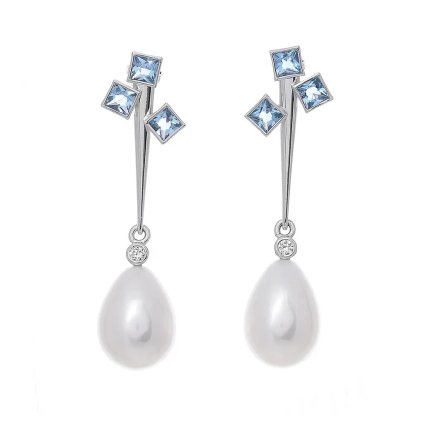 Náušnice z bílého zlata s akvamaríny, diamanty a perlami