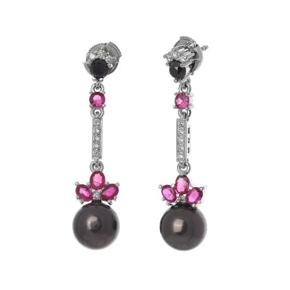 Náušnice z bílého zlata s rubíny, diamanty a perlami Tahiti
