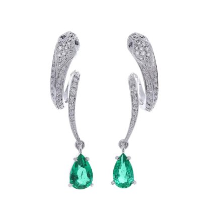 Náušnice hadi se smaragdem a diamanty z bílého zlata